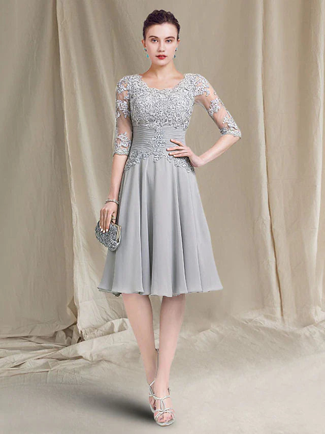 Wholesale A-Line Mother of the Bride Dress Elegant Square Neck Knee Length Chiffon Lace Half Sleeve with Ruched Appliques